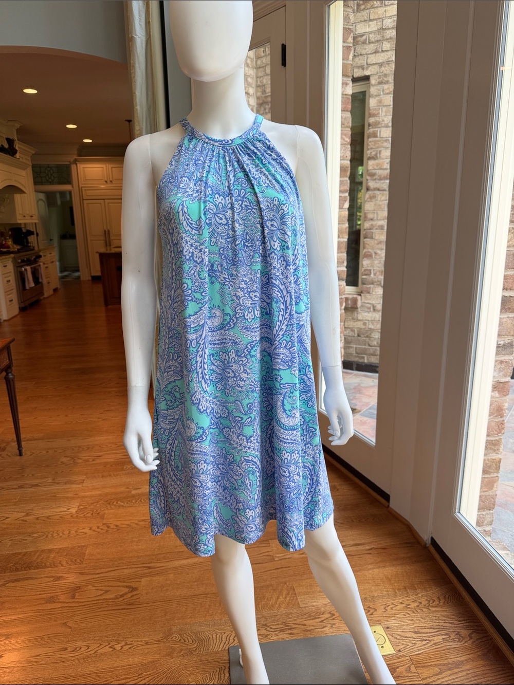 Cynthia Rowley Blue/Aqua Paisley Halter look Dress with button keyhole back